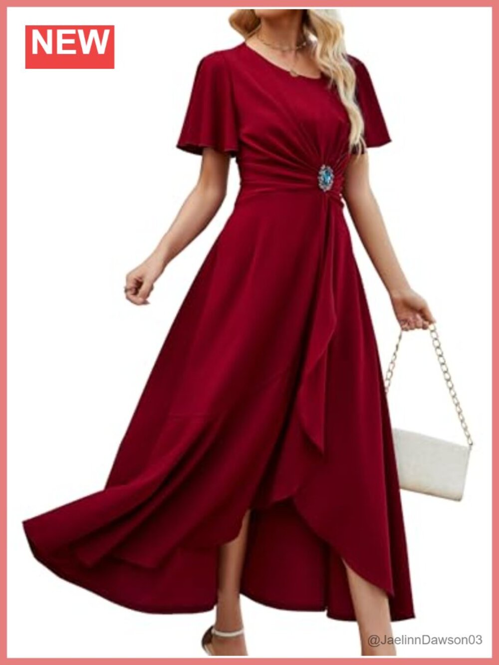 Women's Formal Evening Gown V-Neck Ruffled Sleeve Midi Dress with Pockets